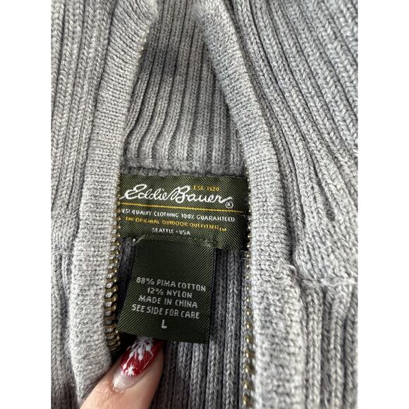 Eddie Bauer Women’s Large Ribbed Full Zip Sweater Gray Pima Cotton Knit Jacket - Picture 4 of 4